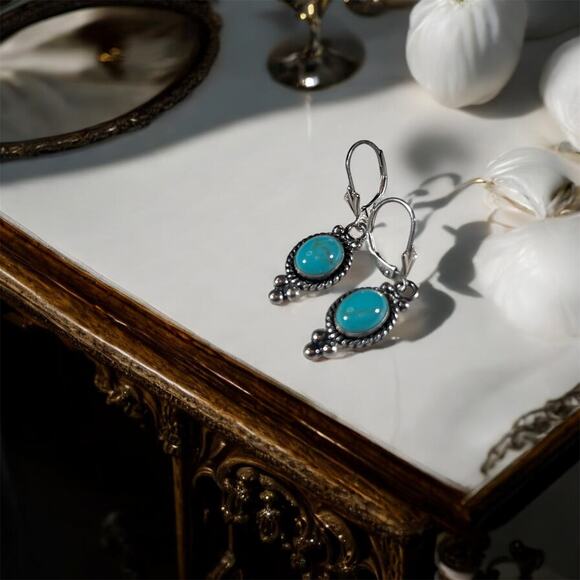 Sterling Silver Oval Turquoise Timeless New Deadstock Earrings - Picture 1 of 15